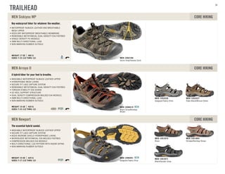 Key waterproof hiker for whatever the weather.
SIZES 7-15 (1/2 THRU 12)
WEIGHT 17 OZ 482 G
WATERPROOF NUBUCK LEATHER AND BREATHABLE
MESH UPPER
KEEN.DRY WATERPROOF BREATHABLE MEMBRANE
REMOVABLE METATOMICAL DUAL DENSITY EVA FOOTBED
SINGLE DENSITY PU MIDSOLE
3MM MULTI-DIRECTIONAL LUGS
NON-MARKING RUBBER OUTSOLE
MEN Siskiyou WP CORE HIKING
Stone Gray/Harvest Gold
MEN 1002196
A hybrid hiker for your feet to breathe.
SIZES 7-15 (1/2 THRU 12)
WEIGHT 15 OZ 425 G
WASHABLE WATERPROOF NUBUCK LEATHER UPPER
HYDROPHOBIC MESH LINING
SECURE FIT LACE CAPTURE SYSTEM
REMOVABLE METATOMICAL DUAL DENSITY EVA FOOTBED
TORSION STABILITY ESS SHANK
S3 HEEL SUPPORT STRUCTURE
DUAL DENSITY COMPRESSION MOLDED EVA MIDSOLE
4MM MULTI-DIRECTIONAL LUGS
NON-MARKING RUBBER OUTSOLE
MEN Arroyo II CORE HIKING
Gargoyle/Tawny Olive
MEN 1002426
Slate Black/Bronze Green
MEN 1002427
Black Olive/Bombay
Brown
MEN 1008419 NEW
The essential hybrid sandal.
SIZES 7-17 (1/2 THRU 12)
WEIGHT 15 OZ 425 G
WASHABLE WATERPROOF NUBUCK LEATHER UPPER
SECURE FIT LACE CAPTURE SYSTEM
AEGIS MICROBE SHIELD HYDROPHOBIC LINING
MICROSUEDE METATOMICAL EVA MOLDED FOOTBED
COMPRESSION MOLDED EVA MIDSOLE
MULTI-DIRECTIONAL LUG PATTERN WITH RAZOR SIPING
NON-MARKING RUBBER OUTSOLE
MEN Newport CORE HIKING
Bison
MEN 1001870
Shitake/Bombay Brown
MEN 1001895
Black/Golden Glow
MEN 1001871
Gargoyle/Tawny Olive
MEN 1008391 NEW
TRAILHEAD
54
 