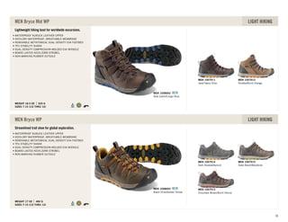 Lightweight hiking boot for worldwide excursions.
SIZES 7-15 (1/2 THRU 12)
WEIGHT 18.5 OZ 525 G
WATERPROOF NUBUCK LEATHER UPPER
KEEN.DRY WATERPROOF, BREATHABLE MEMBRANE
REMOVABLE METATOMICAL DUAL DENSITY EVA FOOTBED
TPU STABILITY SHANK
DUAL DENSITY COMPRESSION MOLDED EVA MIDSOLE
BOARD LASTED KEEN.ZORB STROBEL
NON-MARKING RUBBER OUTSOLE
MEN Bryce Mid WP LIGHT HIKING
Java/Tawny Olive
MEN 1007911
Shitake/Burnt Orange
MEN 1007912
Dark Earth/Ensign Blue
MEN 1008692 NEW
Streamlined trail shoe for global exploration.
SIZES 7-15 (1/2 THRU 12)
WEIGHT 17 OZ 482 G
WATERPROOF NUBUCK LEATHER UPPER
KEEN.DRY WATERPROOF, BREATHABLE MEMBRANE
REMOVABLE METATOMICAL DUAL DENSITY EVA FOOTBED
TPU STABILITY SHANK
DUAL DENSITY COMPRESSION MOLDED EVA MIDSOLE
BOARD LASTED KEEN.ZORB STROBEL
NON-MARKING RUBBER OUTSOLE
MEN Bryce WP LIGHT HIKING
Dark Shadow/Apricot
MEN 1007914
Slate Black/Woodbine
MEN 1007915
Chocolate Brown/Burnt Henna
MEN 1007913
Black Olive/Golden Yellow
MEN 1008693 NEW
55
 