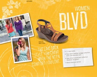 THELAIDBACK
STYLE YOUCRAVE
WITHTHE KEEN
COMFORTYOULOVE.
•	11 new styles
•	New warm weather wedge collection	
	 with cork-blended sole
• New direct-vulcanized collection	
	 Maderas (no glue!)
•	Boat shoes go canvas
Chelsea
Ankle Wrap
BLVD WOMEN
 