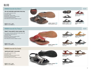 67
Chic and comfortable sandal makes breezy easy.
SIZES 5-11 (1/2 THRU 11)
WEIGHT 6.3 OZ 180 G
FULL-GRAIN LEATHER UPPER
LEATHER LINING
ADJUSTABLE INSTEP STRAP
BURNISHED LEATHER FOOTBED COVER
LEATHER WRAPPED MIDSOLE
NON-MARKING NATURAL RUBBER OUTSOLE
WOMEN Emerald City Slide II NEW
Elegant T-strap sandal for classic summer style.
SIZES 5-11 (1/2 THRU 11)
WEIGHT 5.8 OZ 166 G
FULL-GRAIN LEATHER UPPER WITH GORE PANEL FOR
COMFORTABLE AND SECURE FIT
LEATHER LINING
BURNISHED LEATHER FOOTBED COVER
LEATHER WRAPPED MIDSOLE
NON-MARKING NATURAL RUBBER OUTSOLE
WOMEN Emerald City Thong II NEW
Neutral Gray
WOMEN 1008679 NEW
Tawny Olive
WOMEN 1008681 NEW
Slate Black
WOMEN 1008680 NEW
Black
WOMEN 1008677 NEW
Burnt Henna
WOMEN 1008678 NEW
Sophisticated double T-strap sandal.
SIZES 5-11 (1/2 THRU 11)
WEIGHT 6.3 OZ 180 G
FULL-GRAIN LEATHER UPPER
LEATHER LINING
BURNISHED LEATHER FOOTBED COVER
LEATHER WRAPPED MIDSOLE
NON-MARKING NATURAL RUBBER OUTSOLE
WOMEN Emerald City Sandal
Burnt Henna
WOMEN 1008507 NEW
Slate Black
WOMEN 1005514
Black
WOMEN 1005511
Neutral Gray
WOMEN 1008508 NEW
BLVD
Neutral Gray/Tawny Olive
WOMEN 1008675 NEW
Burnt Henna
WOMEN 1008674 NEW
Black
WOMEN 1008673 NEW WOMEN 1008673 NEW
Black
WOMEN 1008675 NEW
Neutral Gray/Tawny OliveSlate Black/Burnt Henna
WOMEN 1008676 NEW
 