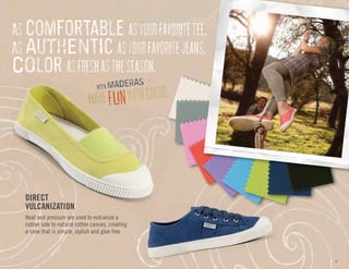 5
Direct
Vulcanization
Heat and pressure are used to vulcanize a
rubber sole to natural cotton canvas, creating
a shoe that is simple, stylish and glue free.
As comfortable asyourfavoritetee.
As AuThENtIc asyourfavoritejeans.
COlor asfreshastheseason.
As comfortable asyourfavoritetee.
As AuThENtIc asyourfavoritejeans.
COlor asfreshastheseason.
HavefUnwithcolor.KEEN MADERAS
 