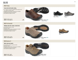 Casual oxford with outdoor styling.
SIZES 7-17 (1/2 THRU 12)
WEIGHT 14.5 OZ 411 G
FULL-GRAIN LEATHER OR COMBINATION NUBUCK AND
FULL-GRAIN LEATHER UPPER
REMOVABLE METATOMICAL MOLDED EVA FOOTBED
COMPRESSION MOLDED EVA MIDSOLE
NON-MARKING RUBBER OUTSOLE
MEN Finlay
Black Full Grain
MEN 1008422 NEW
Gargoyle
MEN 1007717
Shitake Full Grain
MEN 1008423 NEW
Wallabee style with a modern, durable twist.
SIZES 7-15 (1/2 THRU 12)
WEIGHT 13.9 OZ 394 G
WATERPROOF NUBUCK UPPER
LEATHER LINING
REMOVABLE METATOMICAL MOLDED EVA FOOTBED
COMPRESSION MOLDED EVA MIDSOLE
NON-MARKING RUBBER OUTSOLE
MEN Portsmouth
Bison
MEN 1002937
Brindle
MEN 1008429 NEW
Walk in style and comfort.
SIZES 7-17 (1/2 THRU 12)
WEIGHT 16 OZ 454 G
MEN Boston II
Gargoyle Bison
MEN 1003007
BLVD
WATERPROOF NUBUCK LEATHER UPPER
LEATHER LINING
REMOVABLE METATOMICAL MOLDED EVA FOOTBED
COMPRESSION MOLDED EVA MIDSOLE
NON-MARKING RUBBER OUTSOLE
80
 