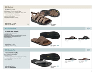 Breathable city sandal.
SIZES 7-15 (1/2 THRU 12)
WEIGHT 13.2 OZ 375.6 G
WATERPROOF NUBUCK LEATHER UPPER
AEGIS MICROBE SHIELD HYDROPHOBIC MESH LINING
SECURE FIT LACE CAPTURE SYSTEM
BURNISHED LEATHER FOOTBED COVER
NATURAL CORK FOOTBED
NON-MARKING RUBBER OUTSOLE
MEN Daytona
Timberwolf
MEN 1008431
The summer sandal must-have.
SIZES 7-14 (whole sizes only)
WEIGHT 7.26 OZ 206 G
FULL-GRAIN LEATHER UPPER
LEATHER LINING
DUAL DENSITY MIDSOLE WITH ADDED ARCH SUPPORT
NON-MARKING, LIGHTWEIGHT OUTSOLE
OPEN TOE DESIGN
MEN Seaside Slide NEW
Gargoyle
MEN 1008639 NEW
Black
MEN 1008638 NEW
Potting Soil
MEN 1008640 NEW
Sophisticated leather ﬂip ﬂop.
SIZES 7-14 (whole sizes only)
WEIGHT 6.5 OZ 184 G
FULL-GRAIN LEATHER UPPER
LEATHER LINING
DUAL DENSITY MIDSOLE WITH ADDED ARCH SUPPORT
NON-MARKING, LIGHTWEIGHT OUTSOLE
OPEN TOE DESIGN
MEN Seaside Flip NEW
Black
MEN 1008641 NEW
Potting Soil
MEN 1008643 NEW
Gargoyle
MEN 1008642 NEW
81
 
