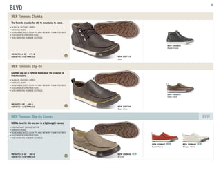 The favorite chukka for city to mountains to coast.
SIZES 7-14 (1/2 THRU 12)
WEIGHT 16.6 OZ 471 G
NUBUCK LEATHER UPPER
CANVAS LINING
REMOVABLE KEEN.CUSH PU AND MEMORY FOAM FOOTBED
VULCANIZED CONSTRUCTION
NON-MARKING RUBBER OUTSOLE
MEN Timmons Chukka
Black/Drizzle
MEN 1002828
Java
MEN 1007719
Leather slip-on is right at home near the coast or in
the mountains.
SIZES 7-14 (1/2 THRU 12)
WEIGHT 15 OZ 425 G
NUBUCK LEATHER UPPER
CANVAS LINING
REMOVABLE KEEN.CUSH PU AND MEMORY FOAM FOOTBED
VULCANIZED CONSTRUCTION
NON-MARKING RUBBER OUTSOLE
MEN Timmons Slip-On
Slate Black
MEN 1002835
Black Olive
MEN 1007720
KEEN's favorite slip-on, now in a lightweight canvas.
SIZES 7-14 (1/2 THRU 12)
WEIGHT 12.6 OZ 360 G
LIGHTWEIGHT CANVAS UPPER
CANVAS LINING
REMOVABLE KEEN.CUSH PU AND MEMORY FOAM FOOTBED
VULCANIZED CONSTRUCTION
NON-MARKING RUBBER OUTSOLE
MEN Timmons Slip-On Canvas NEW
Burnt Henna
MEN 1008647 NEW
Whisper White
MEN 1008649 NEW
Brindle
MEN 1008646 NEW
BLVD
82
 