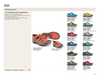 The essential hybrid sandal for young adventurers.
SIZES YOUTH 1-6 TODDLER 8-13 INFANT 4-7
WASHABLE POLYESTER WEBBING UPPER
SECURE FIT LACE CAPTURE SYSTEM WITH HOOK AND LOOP
ADJUSTABILITY OVER INSTEP
AEGIS MICROBE SHIELD HYDROPHOBIC MESH LINING
NON-MARKING RUBBER OUTSOLE
KIDS Newport H2
YOUTH 1008589 NEW
TODDLER 1008550
INFANT 1008525
Norse Blue/Yellow
YOUTH 1008590 NEW
TODDLER 1008552
INFANT 1008527
Super Lemon/Neutral Gray
YOUTH 1008586 NEW
TODDLER 1008547
INFANT 1008522
Garden Green/Brindle
YOUTH 1008585 NEW
TODDLER 1008546
INFANT 1008521
Greenbriar/Bright Chartreuse Print
YOUTH 1008583 NEW
TODDLER 1008543
INFANT 1008518
Barberry/Hot Coral Print
YOUTH 1008588 NEW
TODDLER 1008549
INFANT 1008524
Lilac Sachet/Silver Cloud Print
YOUTH 1008584 NEW
TODDLER 1008544
INFANT 1008519
Blue Camo Print
YOUTH 1006545
TODDLER 1006043
INFANT 1005693
Caribbean Sea
YOUTH 1006541
TODDLER 1006039
INFANT 1005689
Black/Stone Gray
YOUTH 1006557
TODDLER 1006055
INFANT 1005705
Navy
YOUTH 1006570
TODDLER 1006068
INFANT 1005718
Slate Black/Burnt Henna
YOUTH 1006546
TODDLER 1006044
INFANT 1005694
Carnelian
Hot Coral/Yellow
TODDLER 1008548
YOUTH 1008587 NEW
Hot Coral/Yellow
INFANT 1008523 NEW
KIDS
89
 