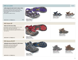 Leather playground sandal ready for swings to slides.
SIZES YOUTH 1-6 TODDLER 8-13
OPEN TOE WATERPROOF NUBUCK LEATHER UPPER
ADJUSTABLE HOOK AND LOOP CLOSURE INSTEP STRAP
AEGIS MICROBE SHIELD TREATED HYDROPHOBIC
MESH LINING
NON-MARKING RUBBER OUTSOLE
KIDS Jura Leather NEW
YOUTH 1008747 NEW
TODDLER 1008744
Black/Strong Blue
YOUTH 1008748 NEW
TODDLER 1008745
Cascade Brown/Bombay Brown
Gargoyle/Ultra Violet
TODDLER 1008746
YOUTH 1008749 NEW
Outdoor boot with classic styling.
SIZES YOUTH 1-6 TODDLER 8-13
WATERPROOF LEATHER, MESH AND SYNTHETIC UPPER
WATERPROOF BREATHABLE MEMBRANE
METAL SPEED HOOK AND EYELET LACING SYSTEM
DUAL-CLIMATE NON-MARKING RUBBER OUTSOLE WITH LUGS
FOR TRACTION
KIDS Clayton WP
YOUTH 1007840
TODDLER 1007790
Shitake/Tawny Olive
Slate Black/Chili Pepper
TODDLER 1007789
YOUTH 1007839
Lightweight waterproof hiking boot for little trekkers.
SIZES YOUTH 1-6 TODDLER 8-13
WATERPROOF LEATHER AND MESH UPPER
WATERPROOF BREATHABLE MEMBRANE
SECURE FIT LACE CAPTURE SYSTEM
NON-MARKING RUBBER OUTSOLE
KIDS Alamosa Mid WP
YOUTH 1007836
TODDLER 1007786
Gargoyle/Wild Orchid
YOUTH 1007835
TODDLER 1007785
Dark Earth/Burnt Orange
Gargoyle/Ensign Blue
TODDLER 1008576
YOUTH 1008609 NEW
91
 