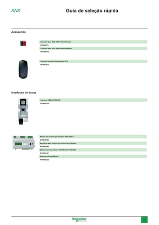11
KNX
Interfaces de dados
Acessórios
Guia de seleção rápida
Módulo de controle por telefone KNX REG-K
MTN680790
Monofone para módulo de controle por telefone
MTN660790
Módulo conversor DALI KNX REG-K/1/16(64)/64
MTN680191
Roteador IP KNX REG-K
MTN680329
Interface USB KNX REG-K
MTN681829
Conector para BUS KNX Preto/Vermelho
MTN689701
Conector para BUS KNX Branco/Amarelo
MTN689702
Controle remoto infravermelho 2010
MTN570222
 