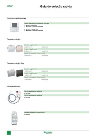 12
KNX
Entradas binárias
Guia de seleção rápida
Interface para pulsadores 2-gang KNX
MTN670802
Interface para pulsadores 4-gang KNX
MTN670804
Módulo de entrada binária KNX REG-K/8x10
MTN644592
Pulsadores Unica Top
Pulsador 1-gang Unica KNX
 MGU3.530.30	  MGU3.530.12
Pulsador 2-gang Unica KNX
 MGU3.531.30	  MGU3.531.12
Pulsador com receptor de infravermelho KNX
 MGU3.532.30	  MGU3.532.12
Pulsadores Multifunções
Pulsadores Unica
Controle de temperatura com pulsadores KNX 2-gang
 MTN6212-4019 (Branco)
 Moldura de acabamento MTN481919
 MTN6212-4146 (Aço inox)
 Moldura de acabamento MTN481946
Pulsador 1-gang Unica KNX
 MGU3.530.18	  MGU3.530.25
Pulsador 2-gang Unica KNX
 MGU3.531.18	  MGU3.531.25
Pulsador com receptor de infravermelho KNX
 MGU3.532.18	  MGU3.532.25
 