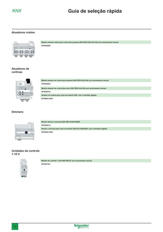 14
KNX
Atuadores de
cortinas
Unidades de controle
1-10 V
Dimmers
Guia de seleção rápida
Módulo atuador de cortina tipo persiana KNX REG-K/4x/10A com acionamento manual
MTN649804
Módulo atuador de cortina tipo rolon KNX REG-K/4x/10A com acionamento manual
MTN649704
Atuador de cortina para caixa de embutir KNX, com 3 entradas digitais
MTN6003-0004
Módulo de controle 1-10V KNX REG-K com acionamento manual
MTN647091
Módulo dimmer universal KNX REG-K/230/1000W
MTN649310
Dimmer universal para caixa de embutir KNX 50-210W/220V, com 2 entradas digitais.
MTN6003-0003
Atuadores mistos
Módulo atuador misto para cortina tipo persiana KNX REG-K/8x/16x/10A com acionamento manual
MTN649908
 