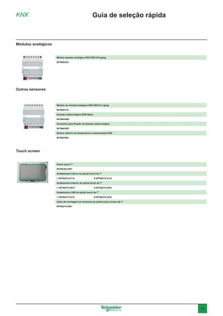 15
KNX
Módulos analógicos
Touch screen
Guia de seleção rápida
Módulo atuador analógico KNX REG-K/4-gang
MTN682291
Painel touch 7”
MTN6260-0007
Acabamento interno do painel touch de 7"
n MTN6270-0119	  MTN6270-0122
Acabamento externo do painel touch de 7”
n MTN6270-0019	  MTN6270-0022
Acabamento USB do painel touch de 7”
n MTN6270-0219	  MTN6270-0222
Caixa de montagem em alvenaria do painel touch screen de 7”
MTN6270-0001
Outros sensores
Módulo de entrada analógica KNX REG-K 4-gang
MTN682191
Estação meteorológica KNX Basic
MTN663990
Acessório para fixação da estação meteorológica
MTN663992
Sensor externo de temperatura e luminosidade KNX
MTN663991
 