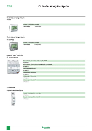 16
KNX Guia de seleção rápida
Acessórios
Fontes de alimentação
Fonte de alimentação REG, 24Vcc/1,25A
MTN693004
Fonte de alimentação REG, 24Vca/1A
MTN663529
Atuador para controle
de temperatura
Módulo atuador para controle de fan coil KNX REG-K
MTN645094
Módulo atuador de aquecimento central KNX REG-K/6x230/0,05A
MTN645129
Válvula termoelétrica 24Vcc
MTN639126
Adaptador para válvula VA50
MTN639150
Adaptador para válvula VA80
MTN639180
Adaptador para válvula VA78
MTN639178
Controle de temperatura
Unica Top
Controle de temperatura Unica KNX
 MGU3.534.30	  MGU3.534.12
Controle de temperatura
Unica
Controle de temperatura Unica KNX
 MGU3.534.18	  MGU3.534.25
 