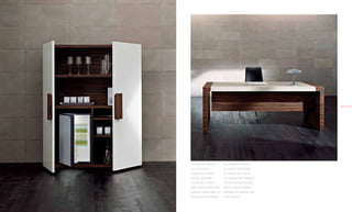34.35




La collezione è rafforzata            Kyo collection is enriched
da un importante                      by a cabinet which recalls
contenitore di orientale              the oriental style, it can be
memoria, attrezzabile                 also equipped with refrigerator.
con frigo bar. La finitura            Ebony and glossy lacquered
ebano unita al laccato lucido         finishes combined together
evidenzia i caratteri stilistici di   emphasize the distinctive style
questa dinamica collezione.           of this collection.
 
