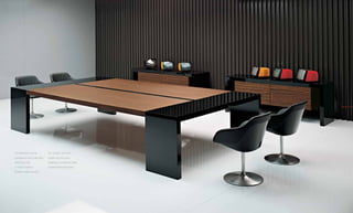 54.55




Due elementi a ponte           Two “bridge” structures
sorreggono due lunghi piani,   sustain two long tops
definendo così                 obtaining a conference table
un tavolo riunione             of great emotional impact.
di forte impatto emotivo.
 