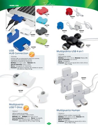 3003325 
Blanco 
· HUBS/USB Tecnología 
3017800 
Azul 
3017798 
Rojo 
3017799 
Azul 
3017801 
Negro 
3017802 
Verde 
3018064 
Blanco 
3003327 
Negro 
USB Multipuerto USB 4 en 1 
HUB Connection 
3003333 
Blanco 
3017580 
Blanco 
HUB 4 puertos móviles. 
Conector USB, con alimentación propia por corriente, 
conectando varios dispositivos a la vez. 
USB HUB de 4 puertos con interfaz 2.0. 
TE0018 
TE0149 
Material: 
Material: 
Medidas: 
Medidas: 
Marca: 
Marca: 
Empaque: 
Empaque: 
Plástico ABS. 
ABS. 
6,2 x 5,2 x 7,5 cm. 
5,2 x 5,2 x 1,9cm. 
Tampografía. 
Tampografía con Tratamiento. 
100 unid. por caja de 32,5 x 32,5 x 30 cm. 
Peso: 7,5 Kg. 
Caja blanca individual. 26 unidades en caja de 
33 x 25,5 cm. Peso: 9,5 Kg. 
Área de Impresión: 
Área de Impresión: 
2,3 x 2,3 cm. 
3,5cm x 1,5cm 
Multipuerto Human 
TE0022 
HUB con puertos móviles. 4 puertos USB. 
Medidas: Material: 
Marca: 
Empaque: 
10,5 x 10,5 x 1,5 cm. ABS. 
Tampografía. 
Área de Impresión: 3,4 x 1,5 cm. 
100 unidades por caja de 32,5 x 32,5 x 
30 cm. Peso 7,5 Kg. 
Multipuerto 
USB T-Shirt 
TE0127 
USB con diseño de camiseta. 
Dispone de 4 entradas y cable conector. 
Área de Impresión: 2,5 x 1 cm. 
Material: Medidas: 
ABS. 6,4 x 5,9 x 2,1 cm. 
Marca: 
Empaque: 
Tampografía. 
Caja individual negra. 200 unidades en 
caja de 48 x 31 x 47 cm. Peso: 11,5 Kg. 
3003328 
Azul 
17 
3003326 
Rojo 
NUEVO 
NUEVO 
 