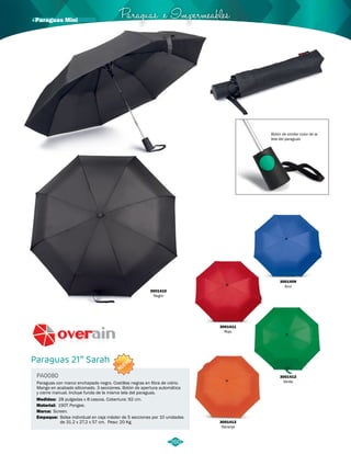 Paraguas e Impermeables · Paraguas Mini 
Paraguas 21” Sarah 
PA0080 
NUEVO 
3001410 
Negro 
Paraguas con marco enchapado negro. Costillas negras en fibra de vidrio. 
Mango en acabado siliconado. 3 secciones. Botón de apertura automática 
y cierre manual. Incluye funda de la misma tela del paraguas. 
Medidas: 
Material: 
Marca: 
Empaque: 
Botón de similar color de la 
tela del paraguas 
28 pulgadas x 8 cascos. Cobertura: 92 cm. 
190T Pongee. 
Screen. 
Bolsa individual en caja máster de 5 secciones por 10 unidades 
de 31.2 x 27.2 x 57 cm. Peso: 20 Kg. 
3001409 
Azul 
3001412 
Verde 
3001411 
Rojo 
3001413 
Naranja 
260 
 