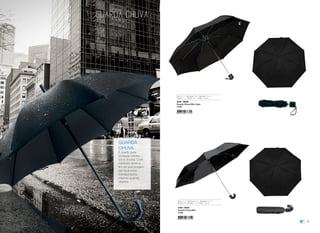 42 43
Raio: 53 cm Estrutura: Metal Abertura: Manual
Seções: Três Varetas: Oito Tecido: Poliéster
Raio: 53 cm Estrutura: Metal Abertura: Manual
Seções: Três Varetas: Oito Tecido: Poliéster
1040 / G03R
Guarda Chuva Mini Cabo
12/60
1049 / G03C
Guarda Chuva Mini
12/60
GUARDA
CHUVA
É usado para
proteção contra
sol e chuvas. Com
materiais leves a
fim de que possam
ser facilmente
transportados,
mesmo quando
abertos.
 