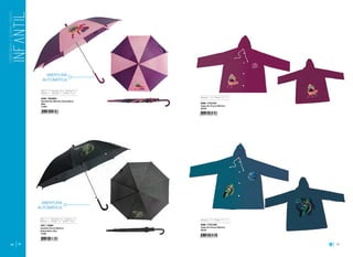 54 55
1001 / G09A
Guarda Chuva Menino
Automático Zac
12/60
Raio: 48 cm Estrutura: Metal Abertura: Auto
Seções: Um Varetas: Oito Tecido: Poliéster
Raio: 48 cm Estrutura: Metal Abertura: Auto
Seções: Um Varetas: Oito Tecido: Poliéster
4338 / SGA854
Sombrinha Menina Automática
Mily
12/60
ABERTURA
AUTOMÁTICA
ABERTURA
AUTOMÁTICA
4089 / C701302
Capa de Chuva Menino
48/48
4088 / C701301
Capa de Chuva Menina
48/48
Tamanho : P/M/G Tecido : PVC 0,10
Tamanho : P/M/G Tecido : PVC 0,10
 