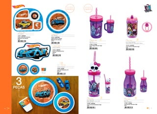 6 7
17149 / L16G60
Garrafa Retro Monster High
6/24
17155 / L17C60
Copo Happy Monster High
6/24
17172 / LS19C60
Copo Lata Fun Monster High
2/24
17168 / LS20C60
Copo Incrível 3D Monster High
2/24
L - 9cm A - 27cm
450ml
Tampa : Plástico PP e Plástico LDPE
Personagem : PVC
Copo : Resína SAN
L - 7cm A - 21cm
354ml
Tampa e Canudo: PP
Copo : AS
L - 10,3cm A - 18cm
420ml
Tampa e Canudo: PP
Copo : AS
L - 7cm A - 13cm
410ml
Canudo: Plástico PP / Plástico LDPE / Silicone
Copo e Tampa: Resina MS
LANCAMENTOS
TODOS OS PRODUTOS
DESTA PAGINA SAO˜
NOVA
ESTAMPA
17317 / LMFG58
Prato Infantil Gd. Divisória
Melamine Hot Wheels
6/36
17314 / LMFTB58
Tigela Infantil C/ Borda
Melamine Hot Wheels
12/72
17316 / LMJ58
Jogo Soft Melamine Hot
Wheels
3/24
L - 26,5cm A - 20cm
Prato : Melamina
17312 / LMPF58
Prato Fun Melamine Hot
Wheels
6/72
L - 13,5cm A - 23,5cm
Conjunto : Melamina
L - 7cm A - 9cm280ml
Conjunto : Melamina
L - 15cm
L - 22cm
L - 16cm A - 3,5cm
Prato : Melamina
3PEÇAS
LANCAMENTOS
TODOS OS PRODUTOS
DESTA PAGINA SAO˜
NOVA
ESTAMPA
 