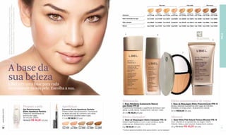 Base Efeito Pele Natural Textura Mousse FPS 16 Claire 2, Corretivo
                                                                                                                                                                                                                                         Pele clara                          Pele média                   Pele escura




                  Facial Aparência Perfeita Claire 1-2-3 e máscara Amplifiant Noir.
                  Modelo maquiada: Gel Retexturizante Efeito Aparência Perfeita,

                                                                                                                                                                                                                       Claire 1   Claire 2   Claire 3  Claire 4  Medium 5   Medium 6   Medium 7   Obscure 8  Obscure 9
                                                                                                                                                                              Hidratação                             Cód. 01408 Cód. 01409 Cód. 01424 Cód.01448 Cód. 01450 Cód. 01451 Cód. 01482 Cód. 01490 Cód. 01495

                                                                                                                                                                              Efeito minimizador de rugas            Cód. 01497 Cód. 01500 Cód. 02237 Cód.02238 Cód. 02239 Cód. 02253 Cód. 02408 Cód. 02420 Cód. 02584

                                                                                                                                                                              Efeito clareador                       Cód. 00024 Cód. 00057 Cód. 00133 Cód.00142 Cód. 00148 Cód. 00418 Cód. 00469 Cód. 00901 Cód. 00902

                                                                                                                                                                              Mineral                                Cód. 01839 Cód. 01841 Cód. 01840 Cód.01844 Cód. 01838 Cód. 01842 Cód. 01845 Cód. 01846 Cód. 01843




                                                                                                                                                                                                                                                                                                                         PELE
                                                                                                                                                                                  A                                                  B
                                                                                                                                                                                                                                                                                          Não Comedogênico
                                                                                                                                                                                                                                                                                          (não obstrui os poros)    D




                                                                                                                                                                                                                                                                        C




                  A base da
                  sua beleza
                  L'Bel tem uma base para cada
                  necessidade da sua pele. Escolha a sua.


                                                                                                                                                                              Hidratação                                                                    Efeito minimizador de rugas*
                                                                                                                                                                              A. Base Hidratante Acabamento Natural                                         B. Base de Maquiagem Efeito Preenchimento FPS 10
                                                                                       Prepare a pele               Aperfeiçoe                                                para Rosto FPS 25                                                             Ajuda a atenuar a aparência das rugas de maneira
                                                                                                                                                                              Proporciona hidratação e aparência de frescor sem                             imediata e a longo prazo. Acabamento natural.
                                                                                       Gel Retexturizante           Corretivo Facial Aparência Perfeita
www.lbel.com.br




                                                                                                                                                                              deixar a pele oleosa. Acabamento natural e mate.                              30 ml R$ 65,50 (34 pts)
                                                                                       Efeito Aparência Perfeita    Oferece efeito rejuvenescedor*, iluminando
                                                                                       Preenche visivelmente os     as áreas escuras do contorno dos olhos                    30 ml R$ 56,50 (29 pts)
                                                                                       poros e as rugas.            e as sombras geradas pelas rugas.
                                                                                       30 ml Cód. 24259             1.5 ml R$ 39,00 (20 pts)
                                                                                                                                                                              Efeito clareador*                                                             Mineral
                                                                                       R$ 54,50 R$ 46,30 (24 pts)                                                             C. Base de Maquiagem Efeito Clareador FPS 18                                  D. Base Efeito Pele Natural Textura Mousse FPS 16
                                                                                                                                                                              Cobre imperfeições e, com o uso contínuo, ajuda                               Com vitamina E e ingredientes de origem 100%
                                                                                                                                                                              a atenuá-las. Acabamento natural-mate.                                        mineral, deixa a pele respirar. Acabamento sedoso.
                                                                                                                    Claire 1-2-3 Claire 4 Medium 5-6  Medium 7  Obscure 8-9   8 g R$ 65,50 (34 pts)                                                         30 g R$ 56,50 R$ 45,20 (24 pts)
 30                                                                                                                 Cód. 01976 Cód. 02662 Cód. 02666 Cód. 02899 Cód. 02900                                                                                                                                               31
                                                                                                                                                                              *O produto apresenta resultados visíveis apenas durante o uso da maquiagem.
 