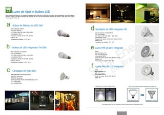Luzes de Spot e Bulbos LED
Estes produtos são feitos por LED singulares integrados como fonte de luz e lente de vidro óptico, alta luminescência, cores da tendência,
aparência artística e excelente capacidade de dissipação de calor. Eles são amplamente utilizados para empório, hotel, show room, museu
e iluminação de interior, etc




              Bulbos de Plástico de LED G60
          Base da lâmpada: E26/E27
          LED: 40pcs SMD3528
                                                                                                                                              Spotlights de LED integrado 5W
          CCT: 6500 ± 500K (PW) 3000 ± 300K (WW)                                                                                              Base da lâmpada: GU10/E27/MR16
          Luminosidade: 185 lm                                                                                                                LED: 5W integrado
          Frequência de tensão: AC100-240V, 50/60Hz                                                                                           CCT: 6500 ± 500K (PW) 3000 ± 300K (WW)
          Potência: 3W                                                                                                                        Luminosidade: 220 lm
          Temperatura de trabalho: -35 °C -40 °C                                                                                              Frequencia de tensão: AC100-240V, 50/60Hz, DC12V
                                                                                                                                              Potência: 5W
                                                                                                                                              Temperatura de trabalho: -35°C -40°C




             Bulbos de LED integrados 7W G60                                                                                                 Luzes PAR de LED integrado
          Base da lâmpada: E27/E26/B22                                                                                                       PAR38
          LED: 7W compositivo                                                                                                                Base da lâmpada: E27
                                                                                                                                             LED: LED 15W integrado
          CCT: 6500 ± 500K (PW) 3000 ± 300K (WW)
                                                                                                                                             Luminosidade: 880 lm
          Luminosidade: 440 lm
                                                                                                                                             Tensão de entrada: AC100-240V, 50/60Hz, DC12V
          Frequência de tensão: AC100-240V, 50/60Hz                                                                                          Potência: 5W
          Potência: 7W±1W                                                                                                                    Temperatura de trabalho: -35°C -40°C
          Temperatura de trabalho: -20 °C -40 °C



                                                                                                                                              Luzes PAR de LED integrado
                                                                                                                                             PAR30
              Lâmpadas de Vidro LED                                                                                                          Base da lâmpada: E27
                                                                                                                                             LED: 10W integrado
          Base da lâmpada: GU10/E26/E27/MR16                                                                                                 Luminosidade: 660 lm
          SMD5050: 15pcs/21pcs                                                                                                               Tensão de entrada: AC100-240V, 50/60Hz
          SMD3528: 48pcs/60pcs                                                                                                               Ângulo: 60°
          Tensão de entrada: AC100-120V/AC200-240V, DC12V
          CCT: 5700K-6300K
          Cor: PW/WW/R/G/B/Y

                                                                                                                                             1.comparativo entre luzes Par antigas e novas                             2.troca entre o bulbo inandescente tradicional e luzes de led Par




                                                                                                                                                            A luminosidade da luz Par 15W compositiva é igual ao tradicional bulbo incandescente de 65W.
 