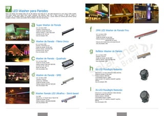 LED Washer para Paredes
Nosso LED Washer para Paredes adota LED de alta potência como fonte de luz, eles estão disponíveis em cores únicas e RGB, também
com muitas opções como fileira única, super, quadrada, alta potência, super fina e baixo consumo. O RGB do washer é
controlado por controlador DMX512 ou console, enquanto que para uma única cor, o preciso sistema de controle pode iluminar apenas
se ligado a energia; o washer para parede é fácil de instalar e tem uma vida útil longa.




                                                        Super Washer de Parede
                                                       Cor: cor única e RGB
                                                       Tamanho: 0,6m/0,9m/1,2m
                                                       Tensão de entrada: AC90-264V                                                  DMX LED Washer de Parede Fino
                                                       Potência máxima: 117W/173W/232W
                                                       Corrente do LED: 350 mA                                                       Cor: cor única e RGB
                                                       Grau de proteção: IP65                                                        Tamanho: 0,5m/1m
                                                                                                                                     Tensão de entrada: AC100-240V
                                                                                                                                     Potência máxima: 23.6W/46W(RGB)
                                                                                                                                                       24W/45.4W (cor única)
                                                       Washer de Parede - Fileira Única                                              Fonte do LED: R/G/B (2w) ou Cor única 2W LED
                                                                                                                                     Grau de proteção: IP65
                                                       Cor: cor única e RGB
                                                       Tamanho: 0,4m/0,8m/1,2m
                                                       Tensão de entrada: AC100-240V
                                                       Potência máxima: 27W/54W/79W
                                                       Corrente do LED: 350 mA
                                                       Grau de proteção: IP65                                                        Refletor Washer de Parede
                                                                                                                                     Cor: cor única e RGB
                                                                                                                                     Tamanho: 0,5m/1m

                                                       Washer de Parede - Quadrado                                                   Tensão de entrada: AC100-240V
                                                                                                                                     Potência máxima: 19W/37W/36W/78W
                                                       Cor: cor única e RGB                                                          Grau de proteção: IP65
                                                       Tensão de entrada: DC24V
                                                       Potência máxima: 9W/21W/7.8W/16W
                                                       Corrente do LED: 350 mA
                                                       Ângulo de visão: 66°
                                                       Grau de proteção: IP65
                                                                                                                                    18-LED Floodlight Redondo
                                                                                                                                    Fonte da Cor: cor única (2W/LED)/ e RGB (2W/LED)
                                                                                                                                    Tensão de entrada: AC100-240V
                                                       Washer de Parede - SMD                                                       Potência máxima: 38W/35W
                                                       Cor: cor única e RGB                                                         Luminosidade (branco): 1280lm
                                                       Tamanho: 0,5m/1m                                                             Lente (normal): 50° superfície chata/60° superfície
                                                                                                                                    esférica
                                                       Fonte de luz: SMD5050
                                                                                                                                    Grau de proteção: IP65
                                                       Tensão de entrada: DC24V
                                                       Potência máxima: 9W/21W/7.8W/16W
                                                       Grau de proteção: IP65



                                                                                                                                    36-LED Floodlight Redondo
                                                       Washer Parede LED Ultrafino - Stent-based                                    Fonte da Cor: cor única (2W/LED)/ e RGB (2W/LED)
                                                                                                                                    Tensão de entrada: AC100-240V
                                                       Cor: RGB                                                                     Potência máxima: 72W/65W
                                                       Fonte de luz: 12*1W/24*1W/12*3W/24*3W                                        Luminosidade (branco): 2600lm
                                                       Tensão de entrada: DC24V                                                     Lente (normal): 50° superfície chata/60° superfície
                                                                                                                                    esférica
                                                       Potência máxima: 18W/36W/44W/88W
                                                                                                                                    Grau de proteção: IP65
                                                       Grau de proteção: IP65
 