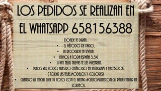 LOS PEDIDOS SE REALIZAN EN
EL WHATSAPP 658156388
DONDE TE DIRÁN:
• EL MÉTODO DE PAGO,
• LA RECOGIDA EN SEVILLA,
• ENVÍOS A TODA ESPAÑA 3,5€
• SI HAY TELAS NUEVAS TE LAS MUESTRAN.
• PUEDES VER TODO NUESTRO CATÁLOGO EN INSTAGRAM Y FACEBOOK.
( TODAS LAS TELAS,MODELOS Y COLORES)
• Cuando la tengas sube tu foto con el hastag #customizateconlgb para entrar en
sorteos.
 