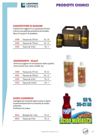 CONVERTITORE DI RUGGINE
Trasforma la ruggine in un composto chimico
e forma una pellicola protettiva verniciabile.
Resa 15 mq per lt di prodotto.


  1340     Flacone da 250 ml.          Pz. 18
  1342     Flacone da 750 ml.          Pz. 12
  1343     Tanica da 4 litri            Pz. 1




DISOSSIDANTE - Disoxil
Elimina la ruggine e le incrostazioni dalle superfici
come acciaio inox, rame, metalli, ecc.

  1330     Flacone da 375 ml.           Pz 12
  1331     Flacone da 750 ml.          Pz. 12
  1332     Tanica da 4 litri            Pz. 4
  1333     Tanica da 18 litri           Pz. 1




ACIDO CLORIDRICO
Impiegato per le pulizie dopo la posa in opera
di pavimentazioni per la rimozione di residui
cementizi.
Si diluisce con acqua.


  8114     Bottiglia da 1 litro         Pz 12
  8115     Tanica da 4 litri            Pz. 4




                                    Liantonio Vernici s.r.l.   10
 