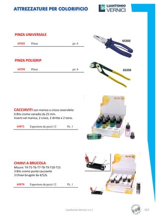 PINZA UNIVERSALE
                                                                      65202
  65202       Pinza                             pz. 6




PINZA POLIGRIP

  65250       Pinza                             pz. 6                 65250




CACCIAVITI con manico a cricco reversibile:
6 Bits cromo vanadio da 25 mm.
Inserti nel manico, 2 croce, 2 diritte e 2 torxs.

  65072      Espositore da pezzi 12         Pz. 1




CHIAVI A BRUCOLA
Misure: T4-T5-T6-T7-T8-T9-T10-T15
3 Bits cromo punte cacciavite
3 Chiavi brugole da 4/5/6.

  65070      Espositore da pezzi 12         Pz. 1




                                           Liantonio Vernici s.r.l.           107
 