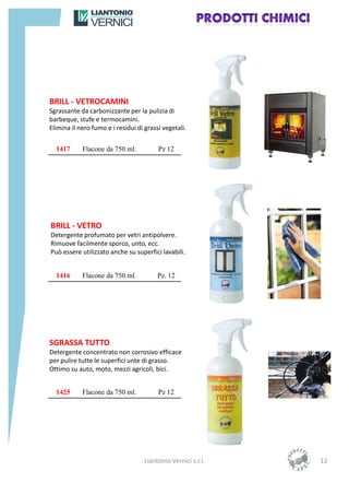BRILL - VETROCAMINI
Sgrassante da carbonizzante per la pulizia di
barbeque, stufe e termocamini.
Elimina il nero fumo e i residui di grassi vegetali.


  1417      Flacone da 750 ml.           Pz 12




BRILL - VETRO
Detergente profumato per vetri antipolvere.
Rimuove facilmente sporco, unto, ecc.
Può essere utilizzato anche su superfici lavabili.


  1416      Flacone da 750 ml.           Pz. 12




SGRASSA TUTTO
Detergente concentrato non corrosivo efficace
per pulire tutte le superfici unte di grasso.
Ottimo su auto, moto, mezzi agricoli, bici.


  1425      Flacone da 750 ml.           Pz 12




                                    Liantonio Vernici s.r.l.   12
 