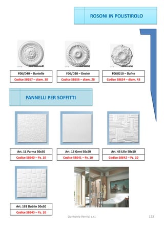 ROSONI IN POLISTIROLO




  F06/D40 – Danielle         F06/D20 – Desirè               F06/D10 – Dafne
Codice 58657 – diam. 30   Codice 58656 – diam. 28        Codice 58654 – diam. 43




       PANNELLI PER SOFFITTI




 Art. 11 Parma 50x50        Art. 15 Gent 50x50              Art. 43 Lille 50x50
 Codice 58640 – Pz. 10     Codice 58641 – Pz. 10          Codice 58642 – Pz. 10




 Art. 193 Dublin 50x50
 Codice 58643 – Pz. 10
                              Liantonio Vernici s.r.l.                             123
 