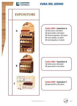 ESPOSITORI



                                   Codice 3203 – Espositore A
    A                              10 stik cera x 10 colori
                                   05 pennarelli x 10 colori
                                   05 ritocco liquido x 10 colori
                                   04 cera solida x 2 colori
                                   05 cera liquida x 2 colori




                                   Codice 3202 – Espositore B
                                   10 stick cera x 10 colori
    B                              05 pennarelli x 15 colori




                                   Codice 3200 – Espositore C
C                                  05 pennarelli x 10 colori




        Liantonio Vernici s.r.l.                                    162
 
