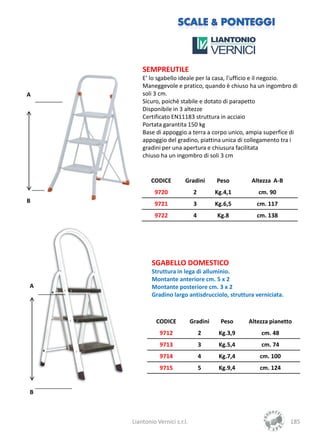SEMPREUTILE
        E’ lo sgabello ideale per la casa, l'ufficio e il negozio.
        Maneggevole e pratico, quando è chiuso ha un ingombro di
A       soli 3 cm.
        Sicuro, poichè stabile e dotato di parapetto
        Disponibile in 3 altezze
        Certificato EN11183 struttura in acciaio
        Portata garantita 150 kg
        Base di appoggio a terra a corpo unico, ampia superfice di
        appoggio del gradino, piattina unica di collegamento tra i
        gradini per una apertura e chiusura facilitata
        chiuso ha un ingombro di soli 3 cm


            CODICE        Gradini        Peso       Altezza A-B
             9720               2        Kg.4,1       cm. 90
B            9721               3        Kg.6,5       cm. 117
             9722               4        Kg.8         cm. 138




            SGABELLO DOMESTICO
            Struttura in lega di alluminio.
            Montante anteriore cm. 5 x 2
A           Montante posteriore cm. 3 x 2
            Gradino largo antisdrucciolo, struttura verniciata.



              CODICE           Gradini     Peso    Altezza pianetto
               9712                 2     Kg.3,9       cm. 48
               9713                 3     Kg.5,4       cm. 74
               9714                 4     Kg.7,4       cm. 100
               9715                 5     Kg.9,4       cm. 124


B



    Liantonio Vernici s.r.l.                                      185
 