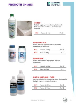 AGISCO
     Toglie la ruggine, le incrostazioni, il calcare da
     tutte le superfici smaltate e cromate senza
     Intaccare.

       8302      Flacone da 1 lt.                 Pz. 20




   SODA CAUSTICA
   Sciolta in acqua, trova impieghi sia in campo
   domestico che industriale.

     8123      Barattolo da 1 kg.                  Pz. 12

     8124      Sacco da 25 Kg.                     Pz. 1



   SODA SOLVE’
   Sciolta in acqua trova impiego per le pulizie
   domestiche.

     8135      Barattolo da 1 Kg.                  Pz. 12

     8136      Sacco da 25 Kg.                     Pz. 1




   OLIO DI VASELLINA - PURO
   Usato principalmente nelle operazioni di chiusura delle
   bottiglie in vetro e campo alimentare.

     1419      Flacone da 500 ml.                  Pz. 12

     1422      Flacone da 1 litro                  Pz. 12




Liantonio Vernici s.r.l.                                     19
 