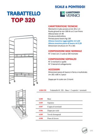 CARATTERISTICHE TECNICHE
            Montanti in tubo acciaio ø mm 30 x 1,5
            Ruote girevoli ø mm 100 di cui 2 con freno
            Altezza base cm 40
            Zincatura elettrolitica
            Portata piano lavoro Kg 130
            Altezza massima raggiungibile mt 3,20
            Altezza massima piano di lavoro mt 2,20
            Dimensioni struttura cm 75 x 181

            COMPOSIZIONE BASE NORMALE
            N° 2 telai con 2 ruote ø 100 montate

            COMPOSIZIONE SOPRALZO
            N° 2 montanti o spalle
            N° 2 laterali di collegamento

            ACCESSORI
            Dimensioni piano di lavoro in ferro e multistrato
            cm 181 x 68 in 2 pezzi

            Zoppo per le scale con 2 tiranti




6180.320      Trabattello H. 320 – Base + 2 sopralzi + terminali



6180       Base

6185       Sopralzo

6187       Coppia di terminali

6186       Zoppo per scale

6189       Tavole fermapiedi

6188       Piano di lavoro




  Liantonio Vernici s.r.l.                                         193
 