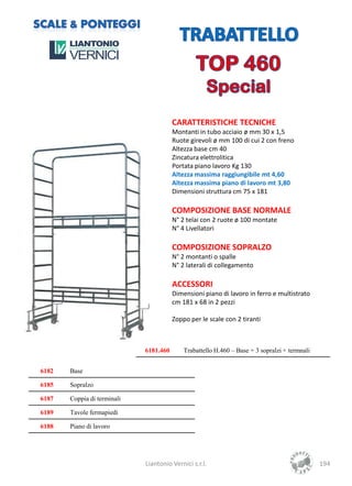 CARATTERISTICHE TECNICHE
                                        Montanti in tubo acciaio ø mm 30 x 1,5
                                        Ruote girevoli ø mm 100 di cui 2 con freno
                                        Altezza base cm 40
                                        Zincatura elettrolitica
                                        Portata piano lavoro Kg 130
                                        Altezza massima raggiungibile mt 4,60
                                        Altezza massima piano di lavoro mt 3,80
                                        Dimensioni struttura cm 75 x 181

                                        COMPOSIZIONE BASE NORMALE
                                        N° 2 telai con 2 ruote ø 100 montate
                                        N° 4 Livellatori

                                        COMPOSIZIONE SOPRALZO
                                        N° 2 montanti o spalle
                                        N° 2 laterali di collegamento

                                        ACCESSORI
                                        Dimensioni piano di lavoro in ferro e multistrato
                                        cm 181 x 68 in 2 pezzi

                                        Zoppo per le scale con 2 tiranti



                             6181.460       Trabattello H.460 – Base + 3 sopralzi + termnali


6182   Base

6185   Sopralzo

6187   Coppia di terminali

6189   Tavole fermapiedi

6188   Piano di lavoro




                             Liantonio Vernici s.r.l.                                          194
 