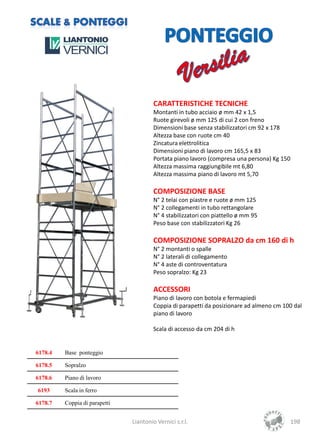 CARATTERISTICHE TECNICHE
                                        Montanti in tubo acciaio ø mm 42 x 1,5
                                        Ruote girevoli ø mm 125 di cui 2 con freno
                                        Dimensioni base senza stabilizzatori cm 92 x 178
                                        Altezza base con ruote cm 40
                                        Zincatura elettrolitica
                                        Dimensioni piano di lavoro cm 165,5 x 83
                                        Portata piano lavoro (compresa una persona) Kg 150
                                        Altezza massima raggiungibile mt 6,80
                                        Altezza massima piano di lavoro mt 5,70

                                        COMPOSIZIONE BASE
                                        N° 2 telai con piastre e ruote ø mm 125
                                        N° 2 collegamenti in tubo rettangolare
                                        N° 4 stabilizzatori con piattello ø mm 95
                                        Peso base con stabilizzatori Kg 26

                                        COMPOSIZIONE SOPRALZO da cm 160 di h
                                        N° 2 montanti o spalle
                                        N° 2 laterali di collegamento
                                        N° 4 aste di controventatura
                                        Peso sopralzo: Kg 23

                                        ACCESSORI
                                        Piano di lavoro con botola e fermapiedi
                                        Coppia di parapetti da posizionare ad almeno cm 100 dal
                                        piano di lavoro

                                        Scala di accesso da cm 204 di h


6178.4   Base ponteggio

6178.5   Sopralzo

6178.6   Piano di lavoro

6193     Scala in ferro

6178.7   Coppia di parapetti


                               Liantonio Vernici s.r.l.                                      198
 