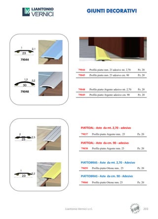 79044


                   79044     Profilo piatto mm. 23 adesivo mt. 2,70    Pz. 20

                   79045     Profilo piatto mm. 23 adesivo cm. 90      Pz. 20




                   79048     Profilo piatto Argento adesivo mt. 2,70   Pz. 20
79048
                   79049     Profilo piatto Argento adesivo cm. 90     Pz. 20




                     PIATTOAL - Aste da mt. 2,70 - adesivo
                     79037     Profilo piatto Argento mm.. 25          Pz. 20


                     PIATTOAL - Aste da cm. 90 - adesivo
                     79038     Profilo piatto Argento mm. 25           Pz. 20




                     PIATTOBRAS - Aste da mt. 2,70 - Adesivo
                     79059     Profilo piatto Ottone mm.. 25           Pz. 20


                     PIATTOBRAS - Aste da cm. 90 - Adesivo
                     79060     Profilo piatto Ottone mm. 25            Pz. 20




        Liantonio Vernici s.r.l.                                            203
 