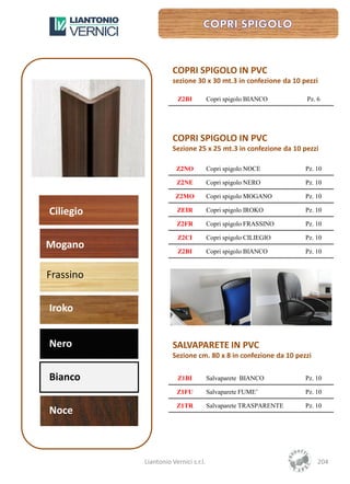 COPRI SPIGOLO IN PVC
                      sezione 30 x 30 mt.3 in confezione da 10 pezzi

                        Z2BI          Copri spigolo BIANCO      Pz. 6




                      COPRI SPIGOLO IN PVC
                      Sezione 25 x 25 mt.3 in confezione da 10 pezzi

                       Z2NO           Copri spigolo NOCE        Pz. 10

                       Z2NE           Copri spigolo NERO        Pz. 10

                       Z2MO           Copri spigolo MOGANO      Pz. 10

Ciliegio               ZEIR           Copri spigolo IROKO       Pz. 10

                       Z2FR           Copri spigolo FRASSINO    Pz. 10

                        Z2CI          Copri spigolo CILIEGIO    Pz. 10
Mogano                  Z2BI          Copri spigolo BIANCO      Pz. 10


Frassino

Iroko


Nero                  SALVAPARETE IN PVC
                      Sezione cm. 80 x 8 in confezione da 10 pezzi

Bianco                  Z1BI          Salvaparete BIANCO        Pz. 10

                       Z1FU           Salvaparete FUME’         Pz. 10

Nero
Noce
                       Z1TR           Salvaparete TRASPARENTE   Pz. 10




           Liantonio Vernici s.r.l.                                  204
 