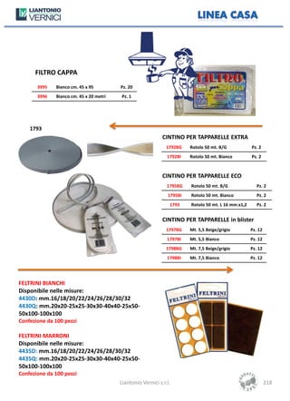 FILTRO CAPPA
       3995   Bianco cm. 45 x 95         Pz. 20
       3996   Bianco cm. 45 x 20 metri   Pz. 1




    1793
                                                             CINTINO PER TAPPARELLE EXTRA
                                                               1792BG   Rotolo 50 mt. B/G            Pz. 2
                                                               1792BI   Rotolo 50 mt. Bianco         Pz. 2



                                                             CINTINO PER TAPPARELLE ECO
                                                               1795BG   Rotolo 50 mt. B/G               Pz. 2
                                                               1795BI   Rotolo 50 mt. Bianco            Pz. 2
                                                                1793    Rotolo 50 mt. L 16 mm.x1,2      Pz. 2


                                                             CINTINO PER TAPPARELLE in blister
                                                               1797BG   Mt. 5,5 Beige/grigio         Pz. 12
                                                               1797BI   Mt. 5,5 Bianco               Pz. 12
                                                               1798BG   Mt. 7,5 Beige/grigio         Pz. 12
                                                               1798BI   Mt. 7,5 Bianco               Pz. 12




FELTRINI BIANCHI
Disponibile nelle misure:
4430D: mm.16/18/20/22/24/26/28/30/32
4430Q: mm.20x20-25x25-30x30-40x40-25x50-
50x100-100x100
Confezione da 100 pezzi

FELTRINI MARRONI
Disponibile nelle misure:
4435D: mm.16/18/20/22/24/26/28/30/32
4435Q: mm.20x20-25x25-30x30-40x40-25x50-
50x100-100x100
Confezione da 100 pezzi
                                         Liantonio Vernici s.r.l.                                             218
 