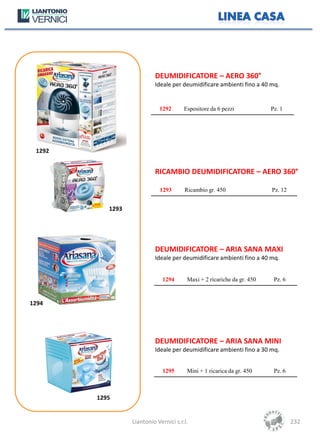 DEUMIDIFICATORE – AERO 360°
                           Ideale per deumidificare ambienti fino a 40 mq.


                             1292       Espositore da 6 pezzi            Pz. 1




 1292


                           RICAMBIO DEUMIDIFICATORE – AERO 360°

                             1293       Ricambio gr. 450                 Pz. 12


           1293




                           DEUMIDIFICATORE – ARIA SANA MAXI
                           Ideale per deumidificare ambienti fino a 40 mq.


                               1294      Maxi + 2 ricariche da gr. 450    Pz. 6



1294




                           DEUMIDIFICATORE – ARIA SANA MINI
                           Ideale per deumidificare ambienti fino a 30 mq.


                               1295      Mini + 1 ricarica da gr. 450     Pz. 6



        1295


                  Liantonio Vernici s.r.l.                                        232
 
