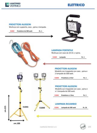 PROIETTORI ALOGENI
         Multiuso con supporto, cavo , spina e lampada.

          E1042   Proiettore da 500 watt     Pz. 1




                                                               LAMPADA PORTATILE
                                                               Multiuso con cavo da 10 mt. e spina.

                                                                 E1029     Lampada                    Pz. 1




                                                                    PROIETTORI ALOGENI
                                                                    Modello con treppiede con cavo , spina e
                                                                    2 lampade da 500 watt.

                                                                   E1044     Proiettore a 2 fari         Pz. 1




                                                                    PROIETTORI ALOGENI
                                                                    Modello con treppiede con cavo , spina e
                                                                    e 1 lampada da 500 watt.

                                                                   E1043     Proiettore a 1 faro        Pz. 1




                                                                    LAMPADA RICAMBIO
cm.215




                          E1043               E1044                E1041     Lampada da 500 watt        Pz. 10




              cm.100
                                               Liantonio Vernici s.r.l.                                          235
 