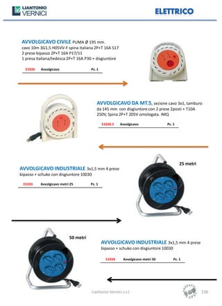 AVVOLGICAVO CIVILE PUMA Ø 195 mm.
 cavo 10m 3G1,5 H05VV-F spina italiana 2P+T 16A S17
 2 prese bipasso 2P+T 16A P17/11
 1 presa italiana/tedesca 2P+T 16A P30 + disgiuntore

   E1026   Avvolgicavo                 Pz. 1




                                            AVVOLGICAVO DA MT.5, sezione cavo 3x1, tamburo
                                            da 145 mm con disgiuntore con 2 prese 2posti + T10A
                                            250V, Spina 2P+T 205V omologata. IMQ

                                               E1026.5    Avvolgicavo              Pz. 1




                                                                                            25 metri
AVVOLGICAVO INDUSTRIALE 3x1,5 mm 4 prese
bipasso + schuko con disgiuntore 10030

 E1033     Avvolgicavo metri 25        Pz. 1




                            50 metri
                                               AVVOLGICAVO INDUSTRIALE 3x1,5 mm 4 prese
                                               bipasso + schuko con disgiuntore 10030

                                                 E1034      Avvolgicavo metri 50        Pz. 1




                                         Liantonio Vernici s.r.l.                                      236
 