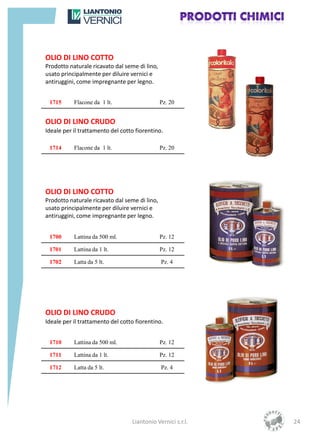 OLIO DI LINO COTTO
Prodotto naturale ricavato dal seme di lino,
usato principalmente per diluire vernici e
antiruggini, come impregnante per legno.


 1715      Flacone da 1 lt.                    Pz. 20


OLIO DI LINO CRUDO
Ideale per il trattamento del cotto fiorentino.

 1714      Flacone da 1 lt.                    Pz. 20




OLIO DI LINO COTTO
Prodotto naturale ricavato dal seme di lino,
usato principalmente per diluire vernici e
antiruggini, come impregnante per legno.


 1700      Lattina da 500 ml.                  Pz. 12

 1701      Lattina da 1 lt.                    Pz. 12

 1702      Latta da 5 lt.                      Pz. 4




OLIO DI LINO CRUDO
Ideale per il trattamento del cotto fiorentino.


 1710      Lattina da 500 ml.                  Pz. 12

 1711      Lattina da 1 lt.                    Pz. 12

 1712      Latta da 5 lt.                      Pz. 4




                                  Liantonio Vernici s.r.l.   24
 