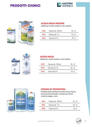 ACQUA RAGIA INODORE
    Adatta per smalti sintetici e olio sintetici.

     0165       Flacone da 500 ml.                 Pz. 12

     0163       Flacone da 1 lt.                   Pz. 12

     0162       Tanica da 5 lt.                     Pz. 4




   ACQUA RAGIA
   Adatta per smalti sintetici e olio sintetici.

    0155      Flacone da 500 ml.               Pz. 12

    0153      Flacone da 1 lt.                 Pz. 12

    0152      Tanica da 5 lt.                      Pz. 4




    ESSENZA DI TREMENTINA
    Prodotto dalla distillazione della resina di pino,
    estremamente limpido, indicato per diluire
    smalti di pregio e cere.

     0952       Flacone da 500 ml.                   Pz. 12

     0951       Flacone da 1 lt.                     Pz. 12

     0950       Tanica da 5 lt.                       Pz. 4




Liantonio Vernici s.r.l.                                      25
 