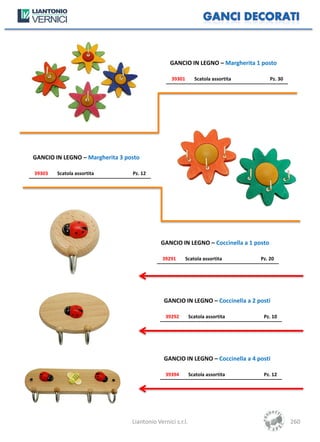 GANCIO IN LEGNO – Margherita 1 posto

                                                  39301       Scatola assortita       Pz. 30




GANCIO IN LEGNO – Margherita 3 posto

39303   Scatola assortita        Pz. 12




                                             GANCIO IN LEGNO – Coccinella a 1 posto

                                              39291       Scatola assortita       Pz. 20




                                              GANCIO IN LEGNO – Coccinella a 2 posti

                                               39292        Scatola assortita      Pz. 10




                                              GANCIO IN LEGNO – Coccinella a 4 posti

                                               39394        Scatola assortita      Pz. 12




                                 Liantonio Vernici s.r.l.                                      260
 