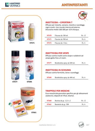 INSETTICIDA – CIPERTRIN T
                             Efficace per mosche, zanzare, mosche e scarafaggi,
                             regni e pulci. Uso murale interno ed esterno.
                             Diluizione media 100-300 per 10 lt d’acqua.


                               07670      Flacone da 100 ml.                 Pz. 12

                               07671      Flacone da 500 ml.                 Pz. 6

          07671                07672      Flacone da 1 litro                 Pz. 6




                             INSETTICIDA PER VESPE
                             Efficace contro insetti come vespe e calabroni ad
                             ampio getto fino a 4 metri.

                               07677      Bomboletta spray da 600 ml.        Pz. 6



                             INSETTICIDA IN SCHIUMA
                             Efficace contro formiche, larve e scarafaggi.

                               07690      Bomboletta spray da 400 ml.        Pz. 6

07677   07690



                             TRAPPOLE PER MOSCHE
                             Esca moschicida granulare specifico per gli allevamenti
                             zootecnici, depositi di rifiuti, letamai.

                               07660      Bustina da gr. 12,5 x 2            Pz. 12

                               07661      Barattolo da gr. 500               Pz. 6



            07661




                    Liantonio Vernici s.r.l.                                          267
 