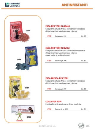 ESCA PER TOPI IN GRANI
                        Esca pronta all’uso efficace contro le diverse specie
       0752             di topi e ratti per uso interno ed esterno.

                          0752       Busta da gr. 250                      Pz. 12




                        ESCA PER TOPI IN OVULI
                        Esca pronta all’uso efficace contro le diverse specie
                        di topi e ratti per uso interno ed esterno.
                        Ideale anche in ambienti umidi.

0753                      0753       Busta da gr. 500                      Pz. 12




                        ESCA FRESCA PER TOPI
                        Esca pronta all’uso efficace contro le diverse specie
                        di topi e ratti per uso interno ed esterno.

       0754
                          0754       Busta da gr. 200                      Pz. 12




                        COLLA PER TOPI
                        Pronta all’uso da applicare su di una tavoletta.

                          0750       Tubetto da gr. 135                    Pz. 25



        0750



               Liantonio Vernici s.r.l.                                             269
 