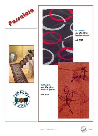 PASSATOIA
                           cm. 67 x 30 mt.
                           Fondo in gomma

                           Art. A105




 PASSATOIA
 cm. 67 x 30 mt.
 Fondo in gomma

 Art. A108




Liantonio Vernici s.r.l.                 274
 