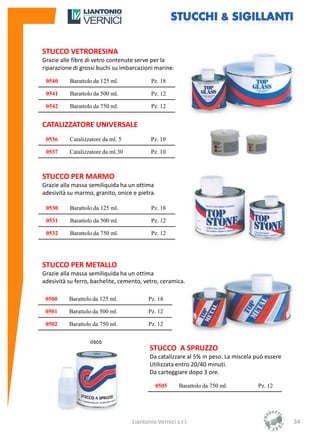 STUCCO VETRORESINA
Grazie alle fibre di vetro contenute serve per la
riparazione di grossi buchi su imbarcazioni marine.

 0540     Barattolo da 125 ml.             Pz. 18

 0541     Barattolo da 500 ml.             Pz. 12

 0542     Barattolo da 750 ml.             Pz. 12


CATALIZZATORE UNIVERSALE
 0536     Catalizzatore da ml. 5           Pz. 10

 0537     Catalizzatore da ml.30           Pz. 10



STUCCO PER MARMO
Grazie alla massa semiliquida ha un ottima
adesività su marmo, granito, onice e pietra.

 0530     Barattolo da 125 ml.             Pz. 18

 0531     Barattolo da 500 ml.             Pz. 12

 0532     Barattolo da 750 ml.             Pz. 12




STUCCO PER METALLO
Grazie alla massa semiliquida ha un ottima
adesività su ferro, bachelite, cemento, vetro, ceramica.

 0500     Barattolo da 125 ml.            Pz. 18

 0501     Barattolo da 500 ml.            Pz. 12

 0502     Barattolo da 750 ml.            Pz. 12



                                          STUCCO A SPRUZZO
                                          Da catalizzare al 5% in peso. La miscela può essere
                                          Utilizzata entro 20/40 minuti.
                                          Da carteggiare dopo 3 ore.

                                            0505       Barattolo da 750 ml.         Pz. 12




                                   Liantonio Vernici s.r.l.                                     34
 