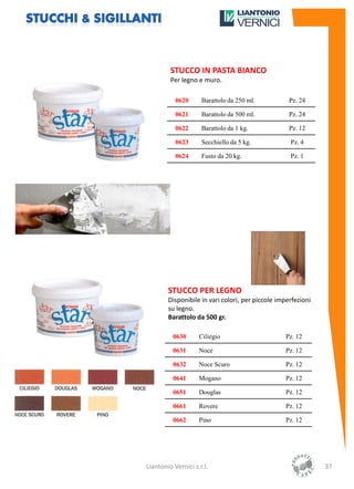 STUCCO IN PASTA BIANCO
         Per legno e muro.

           0620      Barattolo da 250 ml.           Pz. 24

           0621      Barattolo da 500 ml.           Pz. 24

           0622      Barattolo da 1 kg.             Pz. 12

           0623      Secchiello da 5 kg.            Pz. 4

           0624      Fusto da 20 kg.                Pz. 1




        STUCCO PER LEGNO
        Disponibile in vari colori, per piccole imperfezioni
        su legno.
        Barattolo da 500 gr.

          0630      Ciliegio                      Pz. 12

          0631      Noce                          Pz. 12

          0632      Noce Scuro                    Pz. 12

          0641      Mogano                        Pz. 12

          0651      Douglas                       Pz. 12

          0661      Rovere                        Pz. 12

          0662      Pino                          Pz. 12




Liantonio Vernici s.r.l.                                       37
 